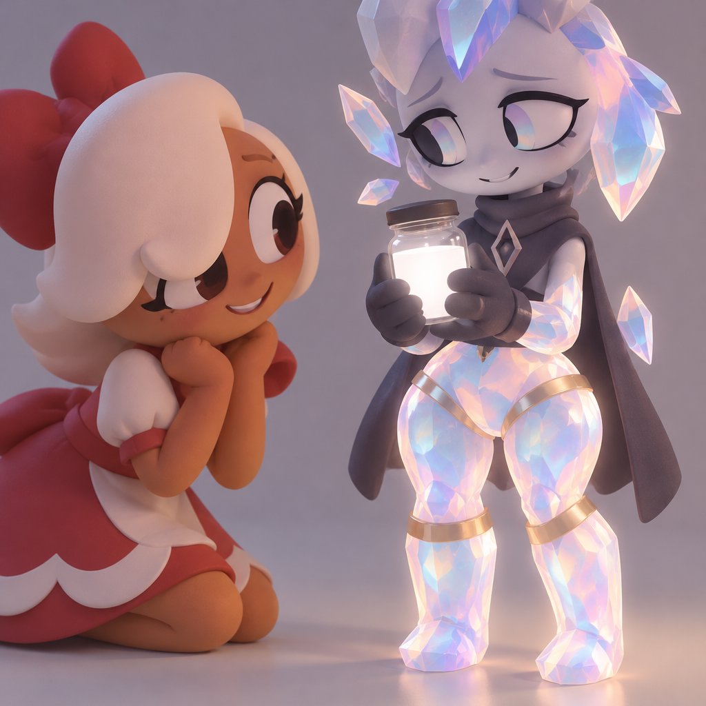 Ginger from Dandy’s world watching my dandy’s world Oc and summer main Crafter the Opalite shard who happens to be Gingers love showing her white Ichor aka Purified Ichor and Ginger notices that her legs and hips and waist are Opalite and the tops of her socks have Opalite crystals on them but she doesn’t mind