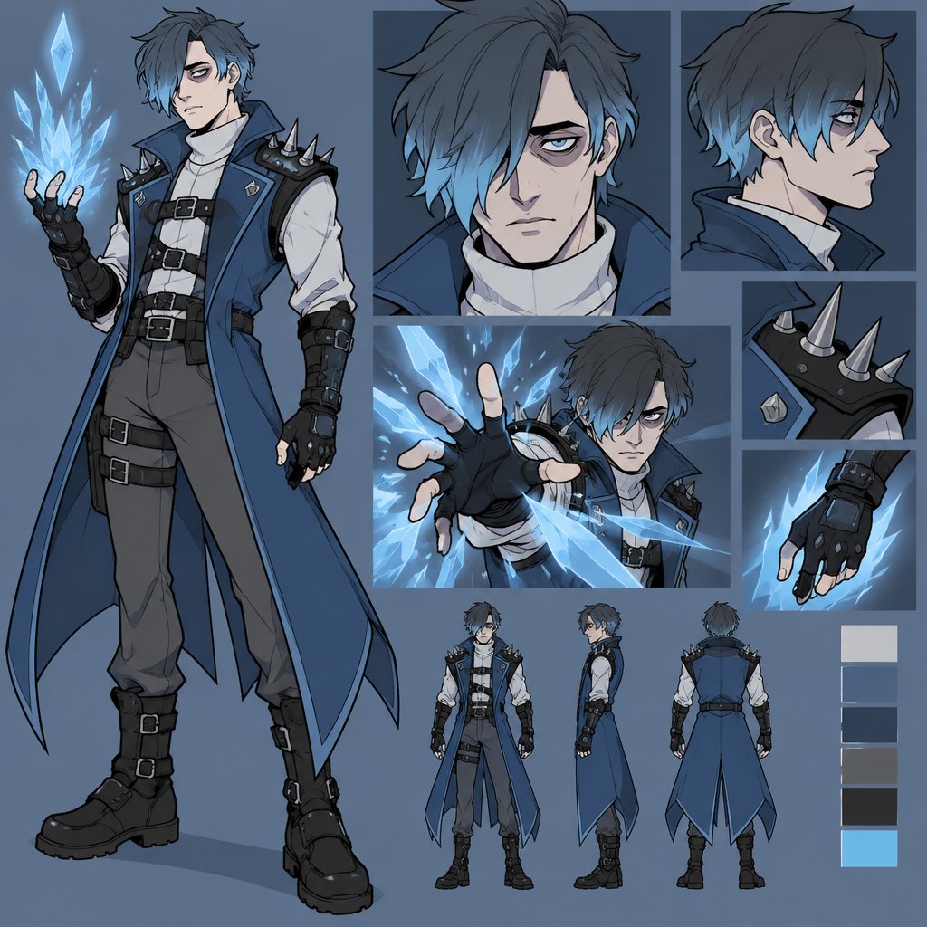 Male, pale, pale blue eyes, eye bags, short dark grey choppy hair with light blue tips hair covering one eye, white turtle neck long sleeves , blue sleeveless short trench coat, long fingerless gloves, grey pants, belts across chest, spiked on shoulders, 35, clean shaven, ice powers,
