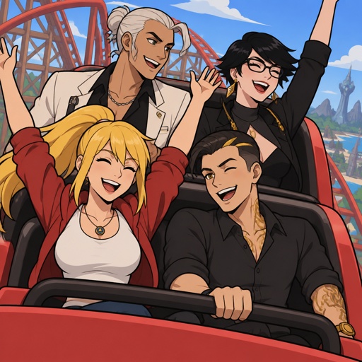 Kado Thorne from Fortnite pale and tan white hair medium length back hair bun clean shaven, Samus Aran zero suit, Midas from Fortnite normal skin, Bayonetta from super smash bros short hair, all on a rollercoaster, all wearing casual clothes, double date 