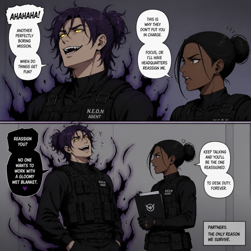 Anime style, Agent Ward a male, made in a secret lab to be best weapon and good at everything, highly skilled, be kept in check and have an emergency backup in case he gets out of control, Wards hair a messy bun hair color violet, is clean shaven, yellow night vision eyes, sharp teeth, has a dark power energy from experiments, best agent, in late 20s, tired, tall, eyes sensitive to light, easily migraines, likes making jokes, mischievous and dangerous, grins, hates being told what to do, intimidating, laugh like a maniac cares about his partner ruby rose she's dark skin serious plays by the rules and firm but nice to ward them standing together ruby arguing to wards "stop being so intimidating you're going to give are suspect a hart attack!" Ward says "what I'm just making the job go faster he's fun and was very helpful " he proceeds to laugh ruby says under her breath "this isn't funny" as a comic