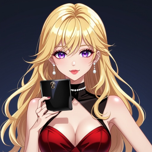 She has blonde hair and purple eyes and a red dress and black high heels and pearl earrings 