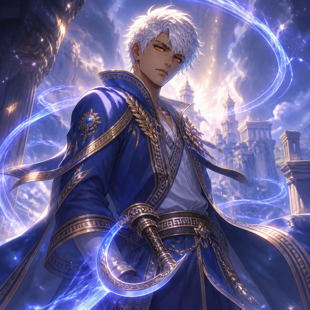 Short white hair with orange irises tanned skin young male wearing blue Greek style trench coat with a Greek style sickle attached to his belt