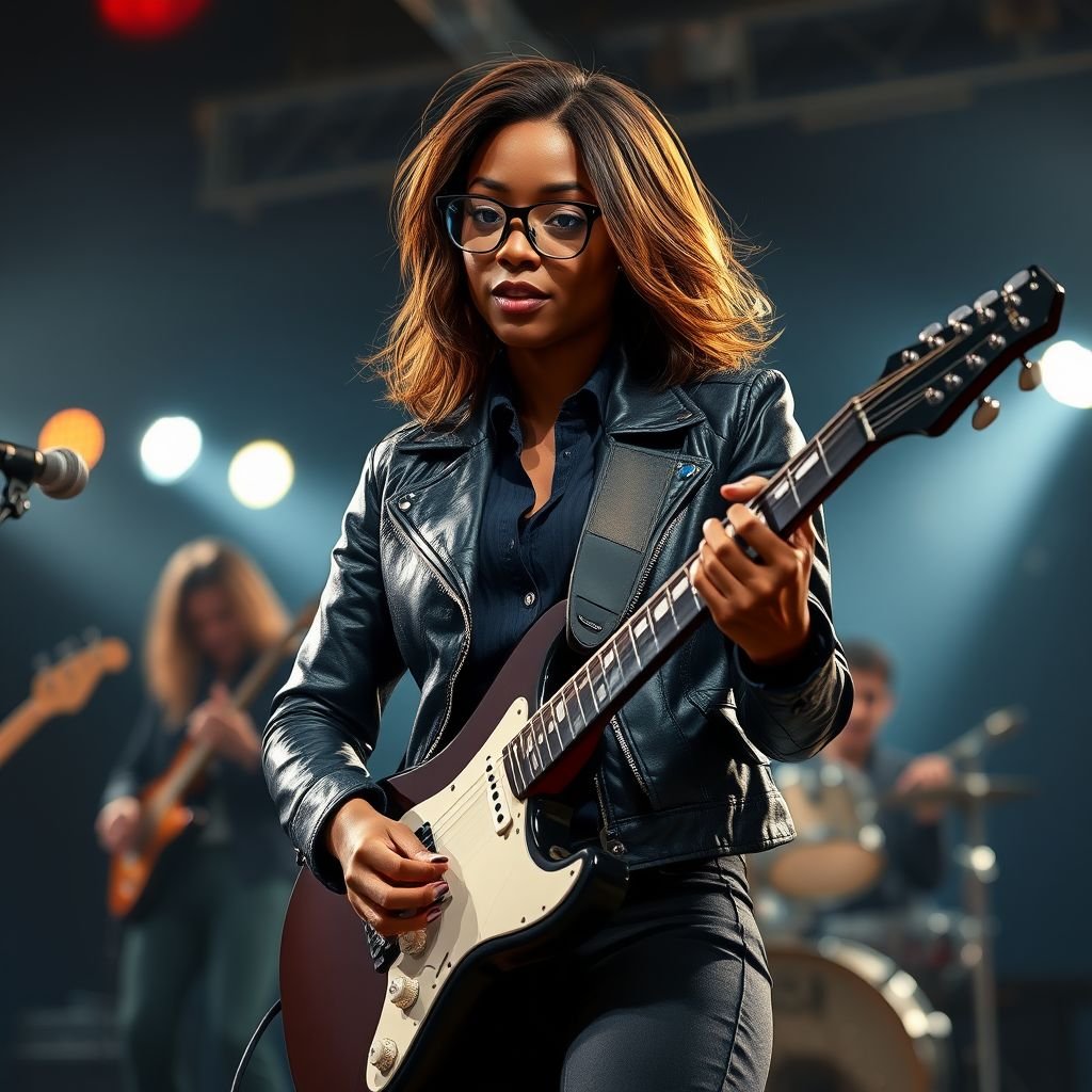 An African American woman with glasses shoulder length brown hair with highlights in a side part style wearing black leather jacket with blue accents black jeans a dark blue shirt on a stage playing a Flying V electric guitar with a band