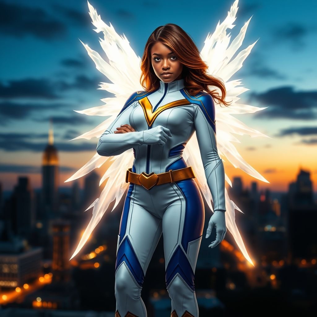 A teenage African American female superhero with brown hair with gold highlights in a shoulder length side part hairstyle with pure Gold Glowing eyes wearing a white suit with gold and royal blue with white pants and gold and white knee length boots with a utility belt with a gold V as her chest emblem with glowing wings made of white fire in Philadelphia