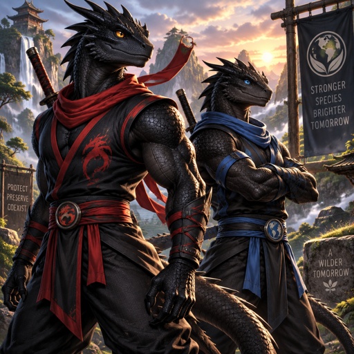 Two brothers, black dragons lizards , muscular in ninja outfits. They were created to help stop extinction.