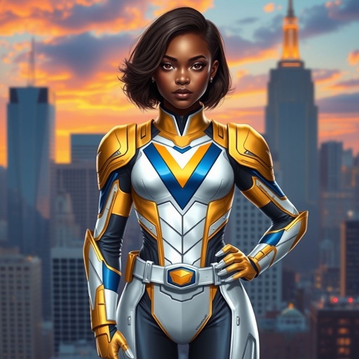 A teenage African American female superhero with slightly curly hair in a shoulder length side part style wearing a polyester armored white and Gold suit with blue accents and a stylized V as her chest emblem a utility belt and gold boots standing in Philadelphia