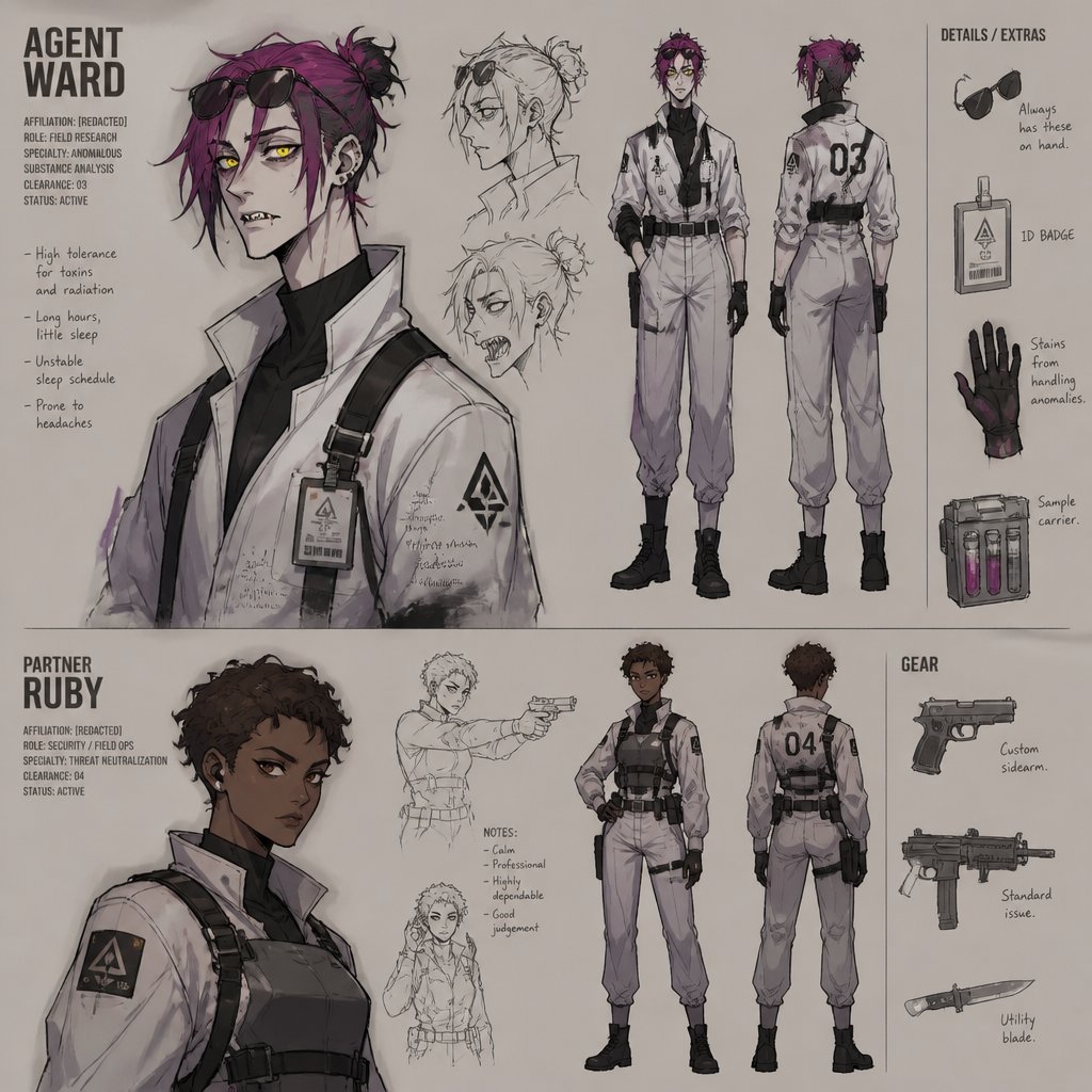 Anime,Agent Ward,long messy hair in a messy loose up tied bun, light magenta hair black tips,he’s made in a secret lab to be the best weapon and solver highly skilled in many things where the scientists are scared if he gets out of control,has to be kept in check by lab facility, they have an emergency back up incase he gets out of control,glowing yellow night vision eyes,sharp teeth,sunglasses on head,cares about his partner but doesn’t admit it,likes making jokes, can be reckless mischievous and dangerous,extreme dark powers from lab experiment,best agent,late 20s,thin,tired,tall,mischievous and reckless,migraines,sensitive to light,jokes,hates people telling him what to do,intimidating grin, laugh like a maniac .Partner Ruby she has brown hair a little above the neck curly,brown eyes, dark skin,serious,goes by the rules, gets annoyed by Ward but conceders him as a friend try’s telling him to sleep,doesn’t like his jokes during work