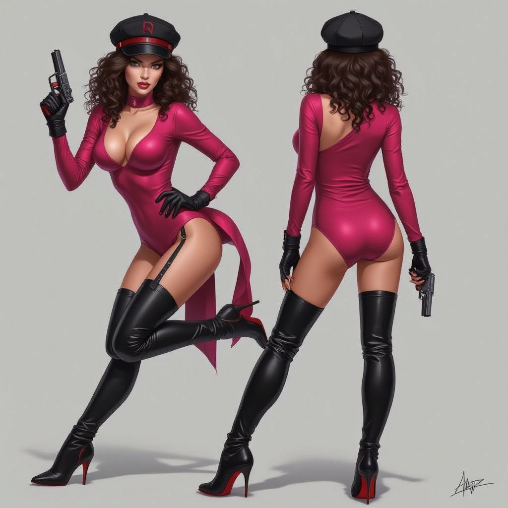 Dark Brown Frizzy Haired Spy Thief in a Tight Hot Pink Bodysuit Dark Red Thigh High Pump Boots. Black Biker Gloves. Black and Red Newsboy Cap
