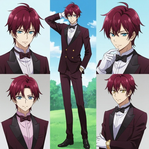 Tall young adult male with bright dark red hair that is neatly combed with the bangs going to one side, short to medium length. Bright blue eyes. White skin. Smug smile. One hand behind his head pose. A dark almost black, maroon tuxedo jacket that is closed and pants with the same color. The undershirt would be a light pink and a black bowtie. Wearing white gloves with a gold watch on the right wrist. Black dress shoes and pink socks.