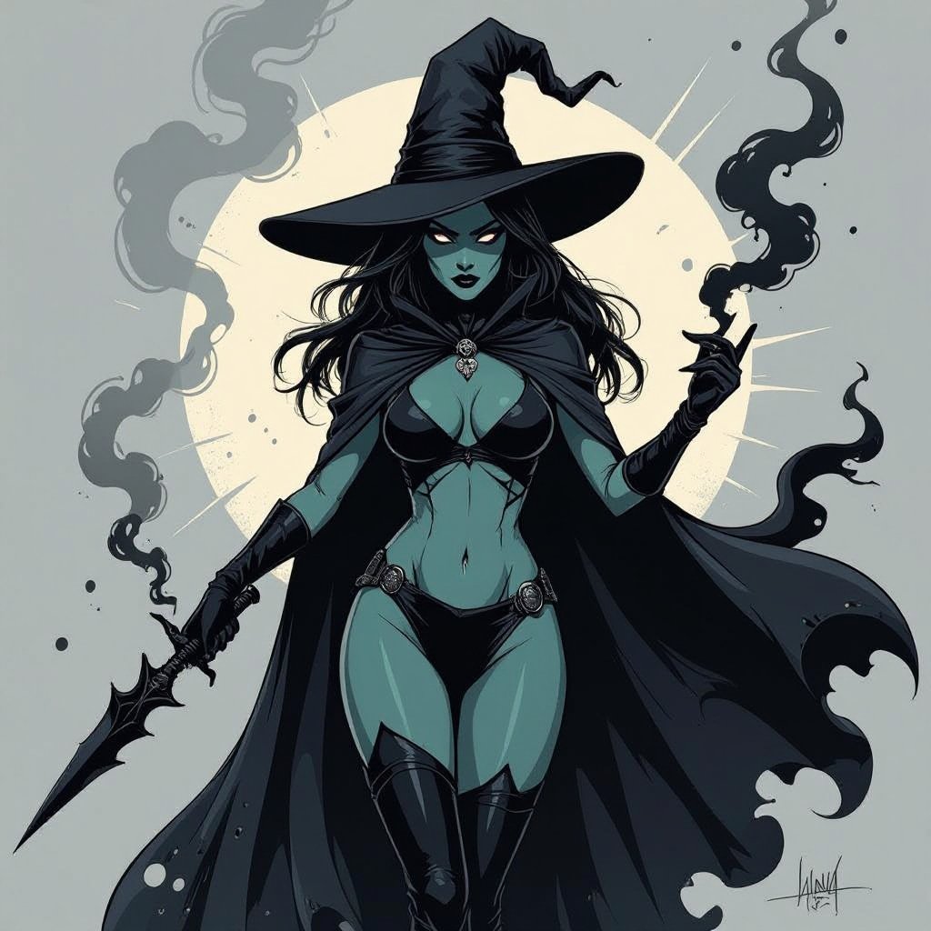 sexy shadow demon witch gypsy slate grey skin large black billowing cloak that emits darkness and shadow smoke. Two piece. Witches Hat. Wields Black Evil Shadow Smoke Daggers