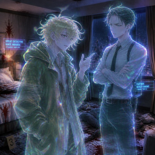 Anime Male great detective takes his job real seriously and is really good at it in his mid 20s with medium really crazy messy light blonde hair, tall thin, tied, strange green eyes wearing a baggy loose mossy green jacket tired face thinking hard about the crime scene and talking to his partner about it, partner looking annoyed at him but also concerned about him but also trying to take this case seriously they are talking about the crime scene and what could have happened and who would do this, crime scene is in hotel room, very gruesome one, no one new the person was even there and was only found out today making it harder to figure it out but the detective won't give up and do whatever he can His past was not great he had red hair and blue eyes before changing his hair and eye colors his family hatted him, he was born with the ability to camouflage and is able to change his colors which is how he got his blond hair and blue eyes
