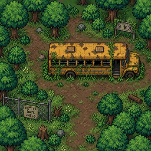 Abandoned school bus in the woods for a fantasy game set in modern times village, exterior, top down style