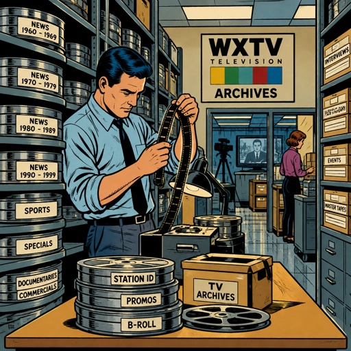 Vivid colors, extreme realism no speech bubble no print dots. The archives of a TV station, highly realistic.