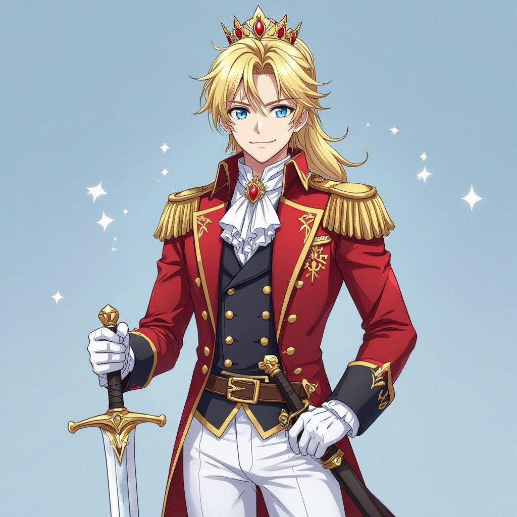A Prince, Blonde ponytail, blue eyes, red and gold regalia, no crown, sword at his hip, happy smile, mid twenties for age, white gloves, black knee-high boots, Double-breasted suit, White trousers