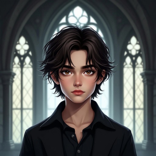 Mysterious teen boy with dark brown hair brown eyes and with a dark past