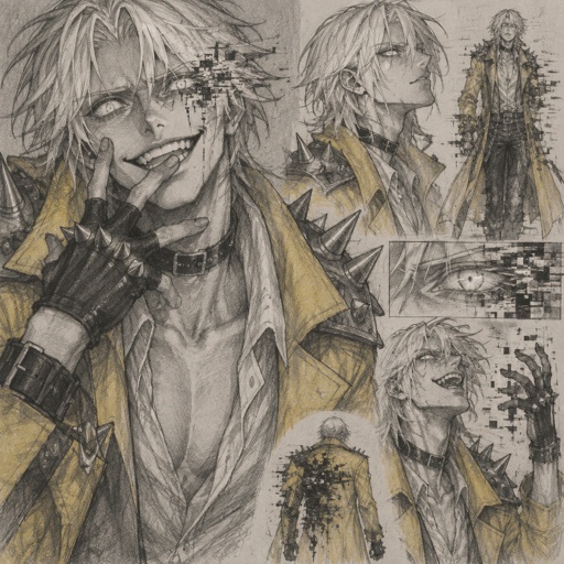 Male, cheekbones, white hair, smooth on top spiky on the bottom, neck length, white eyes, yellow trench coat, metal spike shoulder pads, black choker, low cut white shirt, fingerless gloves with spikes, insane smile, glitch powers, one glitchy eye