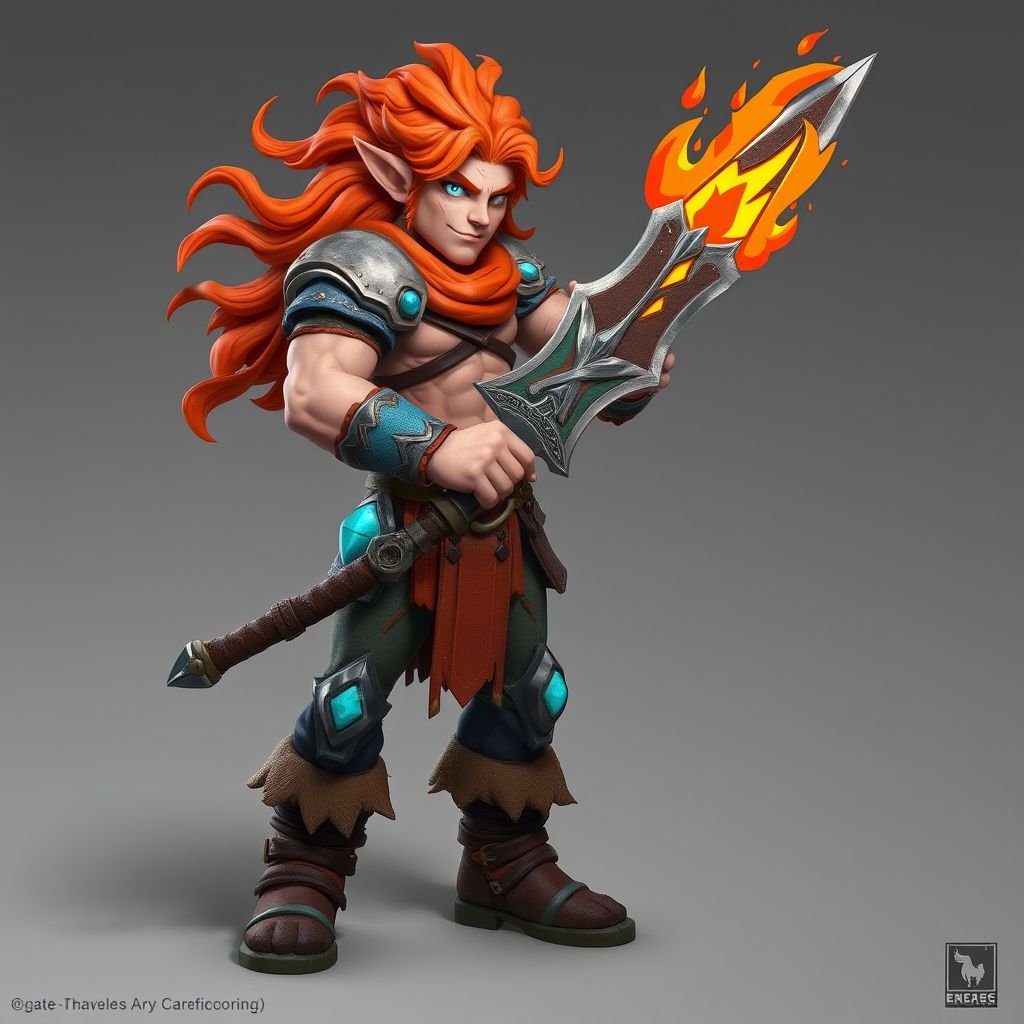 Create a character: battle hero Rhen the Fire-Singer – A lean, muscular man. Show him head to toe including his shoes.