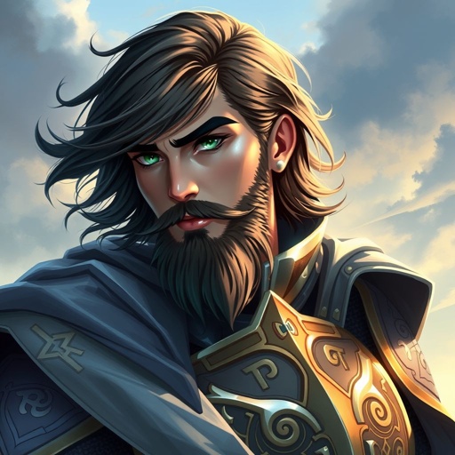 Medium length black hair with beard and sea green eyes in knight armor with cape  
