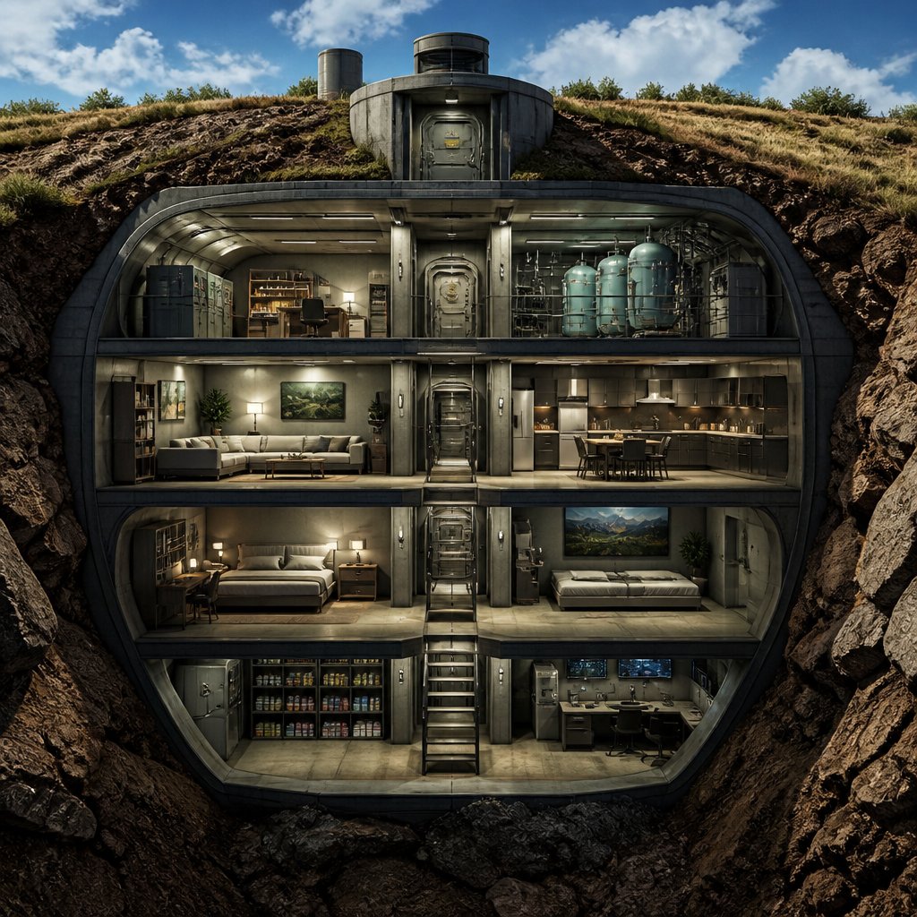 Highly realistic, vivid colors, no speech bubble, no print dots. Cut out view of a well furnished modern design nuclear bunker, medium longshot, with earth on both sides