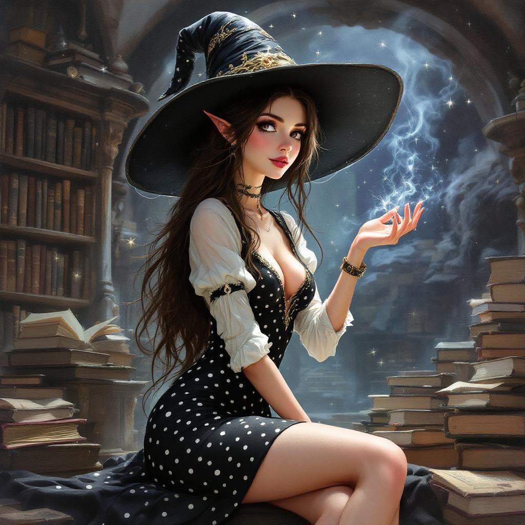 Brunette Elf Wizard Librarian with Long brunette hair in a tight black and white polka dot mini pencil skirt and a white open blouse and a big witches hat. She looks like she’s daydreaming the hottest moment ever