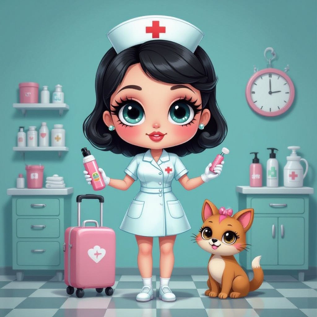 Create a nurse character showing there whole body head to toe, a lady who loves beauty products