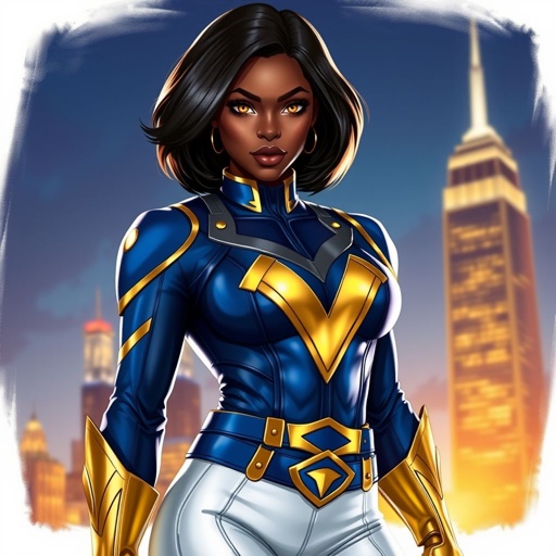 African American female superhero with hair in a shoulder length side part hairstyle with pure Gold Glowing eyes wearing slightly armored white royal blue and gold accented suit with white pants and gold knee length boots with a utility belt with a gold V as her chest emblem in Philadelphia