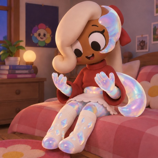 a cartoon character is sitting on a bed