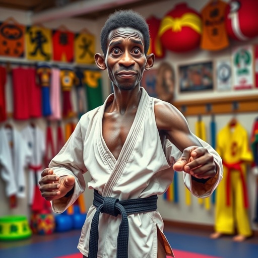 Create a character who looks like a funny African karate guy who doesn’t have a clue what he is doing. Make him have weird toes, only speedos on and a black karate belt. Make him tall skinny and slinky.