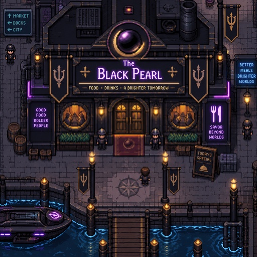 Restaurant called the black pearl for a fantasy game set in futuristic times city, exterior, top down style, shading and highlights