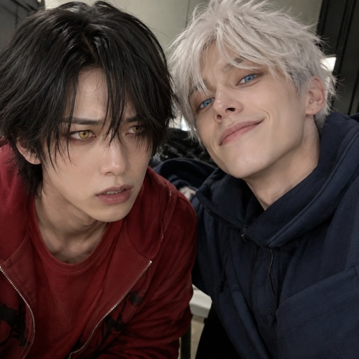 Male, Asian, neck length black hair, yellow eyes, eyeliner, wears red casual clothes, nervous, small mouth, male, fluffy white hair, big blue eyes, long smile, snobby, wears blue,
