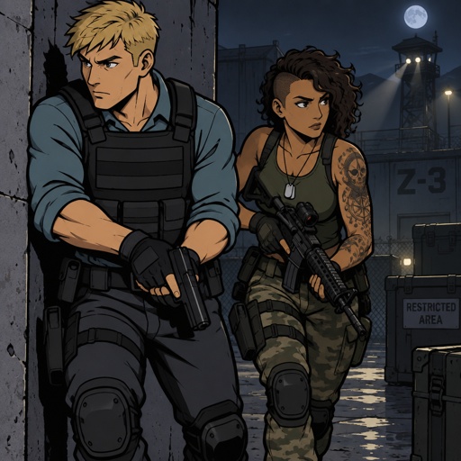 Male, short messy blonde hair, brushed side hair, hair in middle of forehead, smiling, cyan shirt, plain flat bulletproof vest, fingerless gloves, knee pads, belt with gun, Female, African American, curly half shaved short hair, green tank top, camo pants, belt with bullets, fingerless gloves, dog tags, belt across chest, arm strap, tattoos, gun, on a secret mission