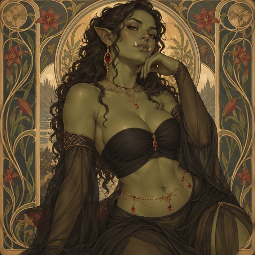 An alluring Orc female in black clothes (a black top that covers her breasts like a strapless bra, she wears long sheer slip on arm sleeves, and she wears ruby gold dangle earrings, gold layered chain necklaces with tiny rubies, and a gold and ruby belly chain