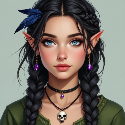 21 year old girl, half elf half Druid dark hair with black raven feathers throughout her hair sporadically but her hair is in messy braids she’s only about 5’2 and her outfit is green blue eyes, and her necklace is a small miniature raven skull with two purple gems for eyes