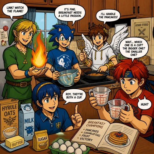 Super smash brothers link from legend of Zelda, pit from kid Icarus, and sonic the hedgehog as a human,Marth from fire emblem,Roy from fire emblem, there trying to make breakfast Roy looking at the measuring cups saying “which one do I use?”link holding pan that’s on fire, pit trying to read the cookbook but it’s upside down, Marth making himself some tea with a tired face expression,Palutena comes into the kitchen and yells “what are you guys doing!” All in casual clothes 