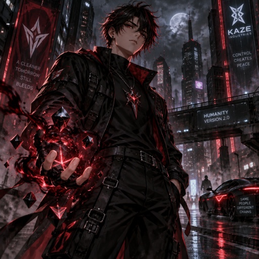 Create a completely original, one-of-one anime character designed specifically as a unique male protagonist. Do NOT copy, imitate, or resemble any existing anime character, franchise, manga, or copyrighted design.  Character: an 18-year-old male, tall athletic build, around 6’2”, confident but calm presence, sharp masculine facial features, slightly defined jawline, expressive deep eyes, thick natural eyebrows, medium-length messy textured black hair with subtle dark crimson highlights. His expression is calm, focused and slightly mysterious.  Design a completely original outfit: premium black tactical streetwear mixed with futuristic anime fashion. A fitted black jacket with subtle dark-crimson detailing, asymmetrical panels, minimal metallic elements, black fitted pants, sleek futuristic black boots, and custom fingerless gloves. No logos, no existing franchise symbols, no recognizable character references.  Give him a unique signature accessory: a sleek black-and-crimson mechanical pendant around his neck that contains a small glowing energy core. Add subtle futuristic armor elements around the shoulders and forearms, but keep the design elegant rather than bulky.  Power concept: “Crimson Void” — a completely original energy ability. Dark crimson and black energy flows around his hands like smoke mixed with glowing particles. The energy should look mysterious and supernatural, with sharp geometric fragments floating around it. His power is controlled and precise rather than explosive.  Pose: standing confidently at a slight angle, one hand relaxed and the other surrounded by his Crimson Void energy. Wind slightly moving his hair and jacket. Strong protagonist stance.  Environment: a dark futuristic city at night with rain, subtle neon reflections, distant skyscrapers and atmospheric mist. Keep the background cinematic and slightly blurred so the character remains the main focus.  Art style: high-end modern anime illustration, extremely detailed character design, cinematic composition, dramatic rim lighting, realistic anime anatomy, detailed hair strands, detailed clothing textures, sharp eyes, beautiful lighting, subtle film grain, rich shadows, dynamic atmosphere, premium anime key visual quality.  Color palette: primarily matte black, charcoal, deep crimson and small amounts of silver. No bright rainbow colors.  Important: The character must feel like a completely new anime protagonist created from scratch. No copied hairstyles, costumes, weapons, powers, poses, symbols, or visual traits from existing anime characters. Make the design recognizable as ONE unique character with a consistent face, hairstyle, outfit, accessory and power system.  Aspect ratio: 9:16 vertical poster. Full body visible. Ultra-detailed, high resolution, masterpiece quality.