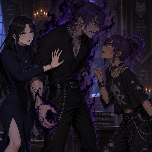 Three siblings, Female name Liz, oldest, tale, pale, beautiful, very call expression, mysterious, black hair long curtain bangs style, bright blue eyes, wearing a dark blue long turtleneck dress, high heels, eye liner,dark eye shadow,red lips, wearing jewelry, Anime style, Agent Ward male, middle child, made to be a weapon, highly skilled, emergency backup case he gets out of control, hair violet messy bun, clean shaven, night vision eyes no goggles, sharp teeth, dark power, tall, intimidating, big grin, he's used as an emergence backup weapon, Female Ann, youngest sibling, medium hight pale, tan, blue eyes, vivid purple dim hair in a messy bun her front hair is swooped down in her right side, mischievous smile, rebel/ grunge clothe style,ward angered by Ann his dark powers increased, Ann arguing back Liz trying to break the argument with intense irritated face expression