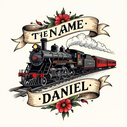 train tattoo with the name Daniel 