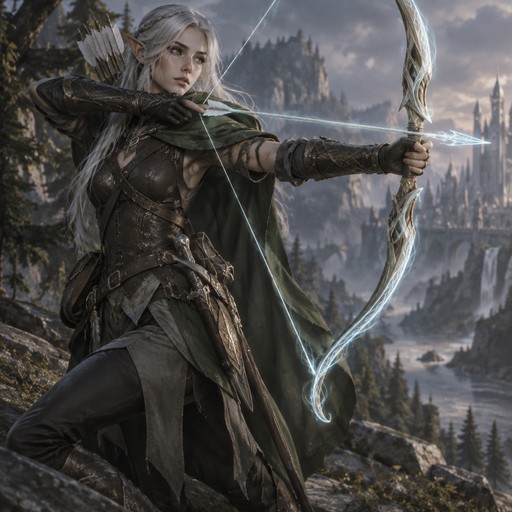 a silver-haired elf ranger with a glowing bow