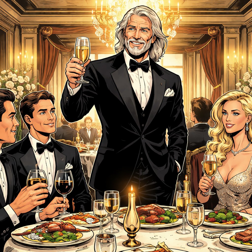 An elegant upper class dinner party there are three men in tuxedos, and one woman to the right standing is an older man with very long hair and beard. He is immaculately, dressed the image reeks of wealth and privilege.