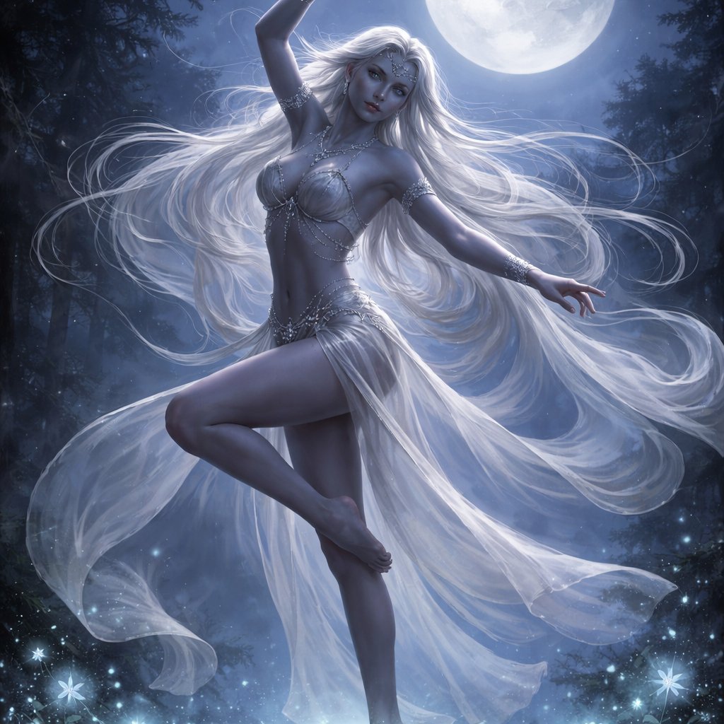 an elegant grayish-blue skinned elf woman dancing beneath a glowing full moon. She has long flowing silver-white hair, luminous pale blue eyes, and elongated ears. Her expression is serene and powerful. She is mid-dance, one leg lifted gracefully, body arched in a fluid, balletic pose. She holds a slender ornate sword raised above her head, the blade catching moonlight. She wears thin almost transparent robes that hug her body. Her long white hair flows around her. Behind her is a large radiant full moon with subtle craters, surrounded by soft stars and magical sparkles. Her hair and fabric trail in long curling shapes, creating a sense of motion and grace. At her feet are small plants and leaves, slightly glowing in moonlight.