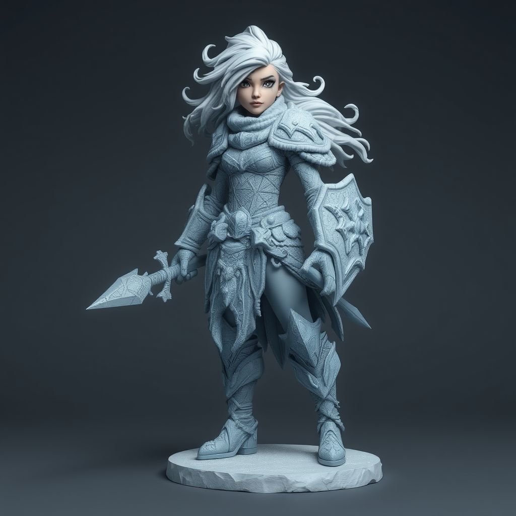 Create a battle woman hero called Alvara the Frostheart. Show full body head to toe including shoes 