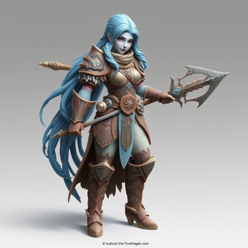 Create a battle woman hero called Alvara the Frostheart. Show full body head to toe including shoes