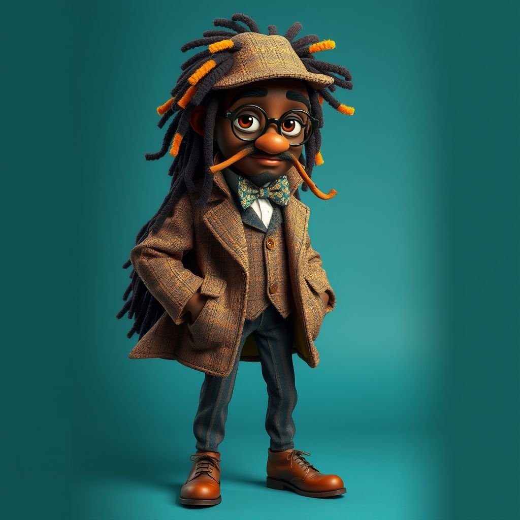Create a funny character similar to Sherlock Holmes, but make him of black decent and with dread locks. Show his whole outfit including his shoes.