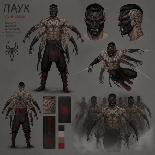 Male Villian with spider powers, six arms, six eyes, spider fangs, mask, Russian, tattoos, cheekbones, multiple of the same character 