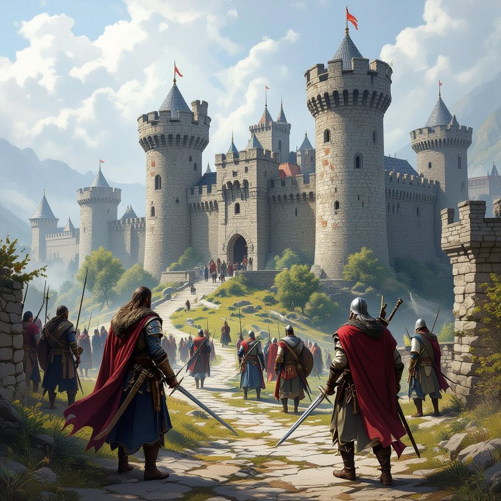 A historical world with kingdoms with some men having swords drawn