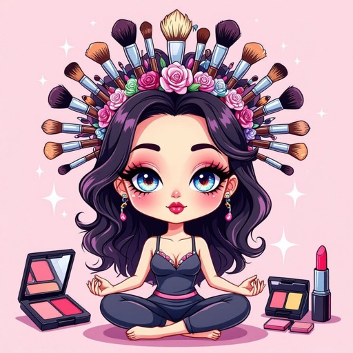 Create a chibi character mid 30’s lady who is the meditating with crown of makeup stuff