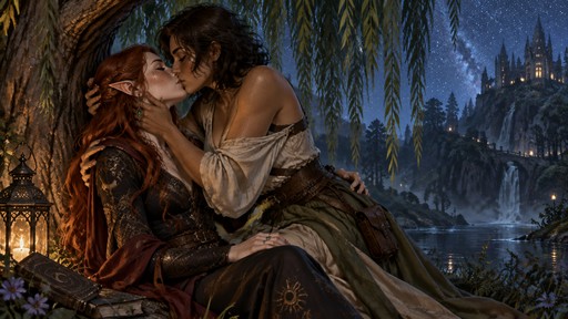 high-fantasy stylized historical D&D painted illustration of two women kissing beneath a willow tree in a starlit fairytale forest. the first is an elegant elf woman with red hair, green eyes, and freckles wearing elegant warlock clothing. she is being embraced and kissed by a tan strong tender woman with wavy dark short hair, bright blue eyes, and freckles wearing a flowy practical outfit.