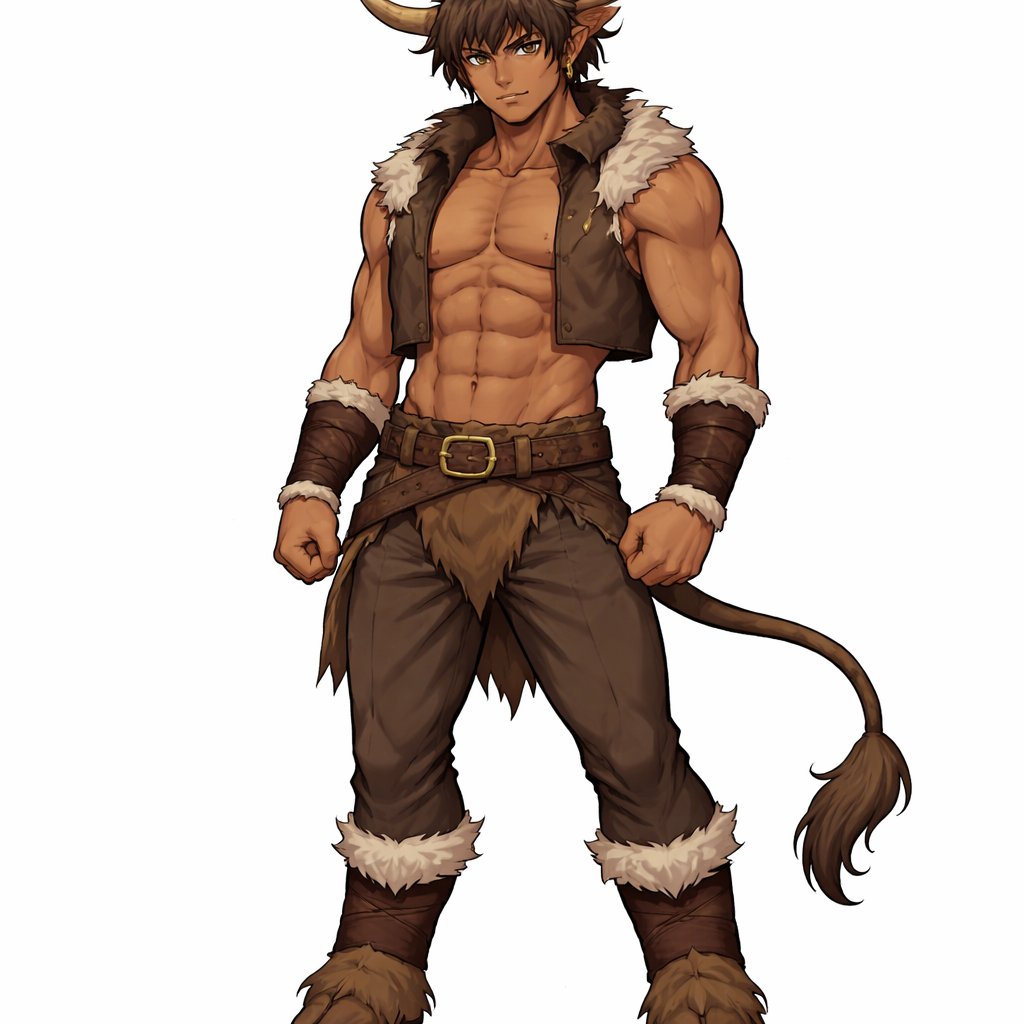 A male medium brown Minotaur with cattle like brown eyes, large powerful gleaming horns like his fathers, a well~proportioned figure/body at lest 6 foot tall, long tail.