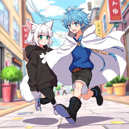 A pale teenage girl wearing a black hoodie and royal black trousers with emerald eyes and hair as white as snow and small fox ears bump into a young man with beige hair in the style of a braided half-up wearing a blue shirt and white cloak, black shorts, tights and boots with ocean blue hair