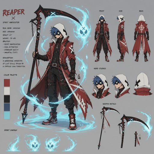 Male superhero with the ability control spirits, blue hair, white hood, red outfit, black eyes with white x, scythe 